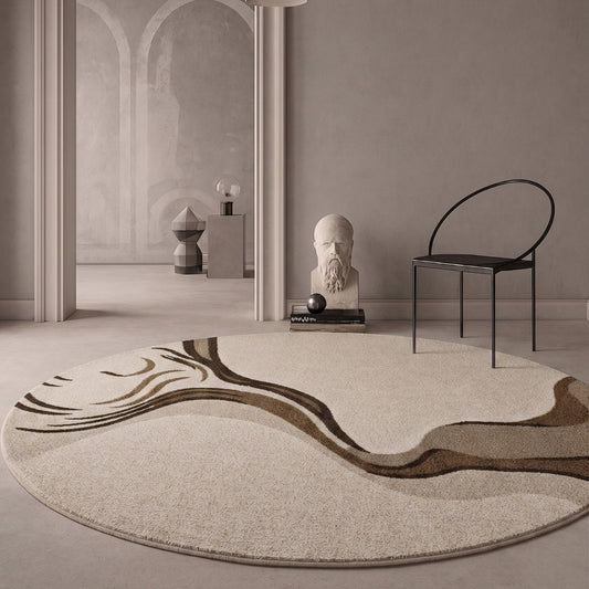 Ivory & Brown Abstract Wave Wool Rug — Round 2
