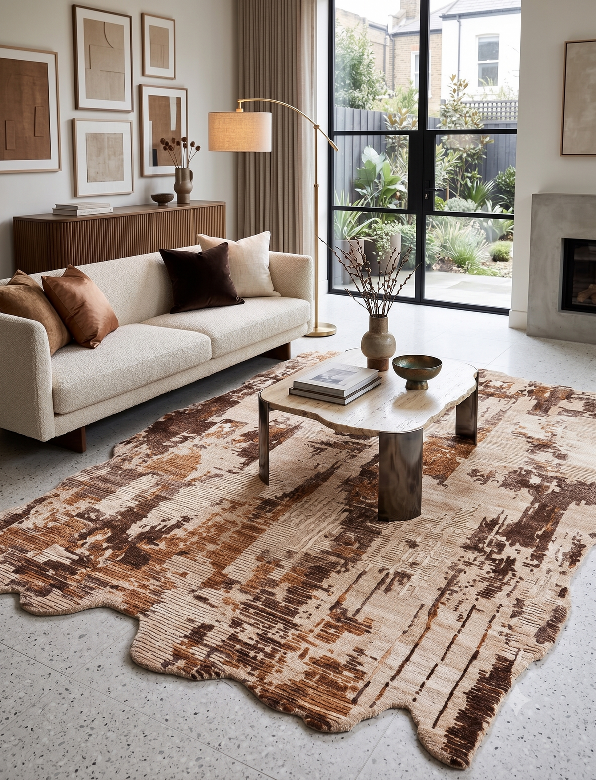 Beige Brown handmade wool and silk rug