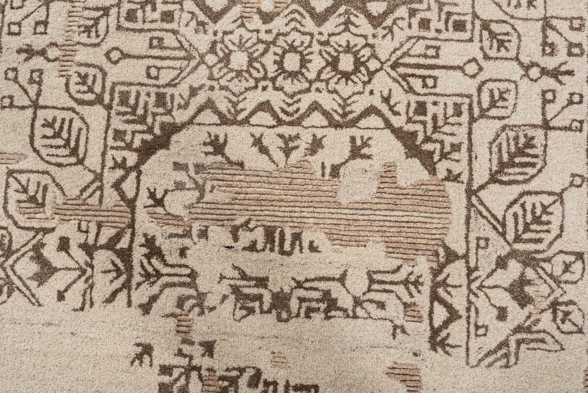 Ivory distressed traditional handmade wool and silk rug