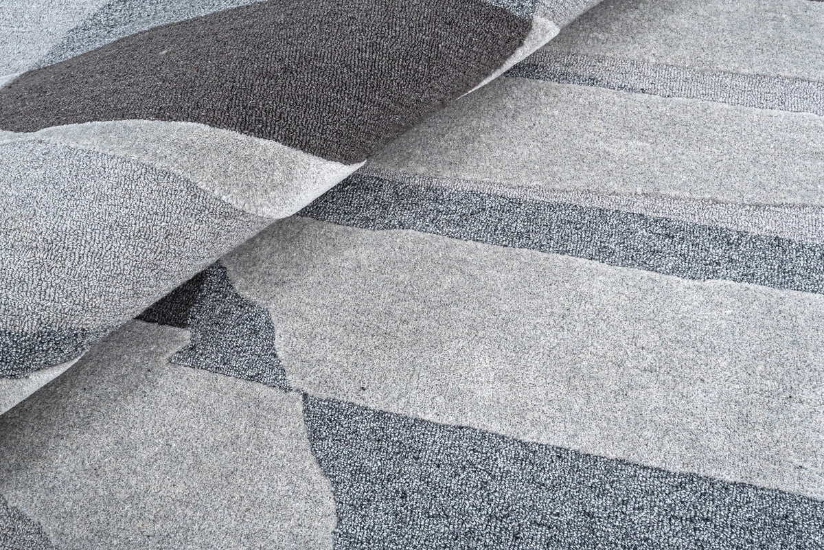 Beige, Grey & Black Abstract Stripe Wool Rug — Round 5