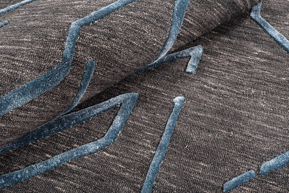 Black & Teal Abstract Geometric Wool Silk Rug — Shaped 5