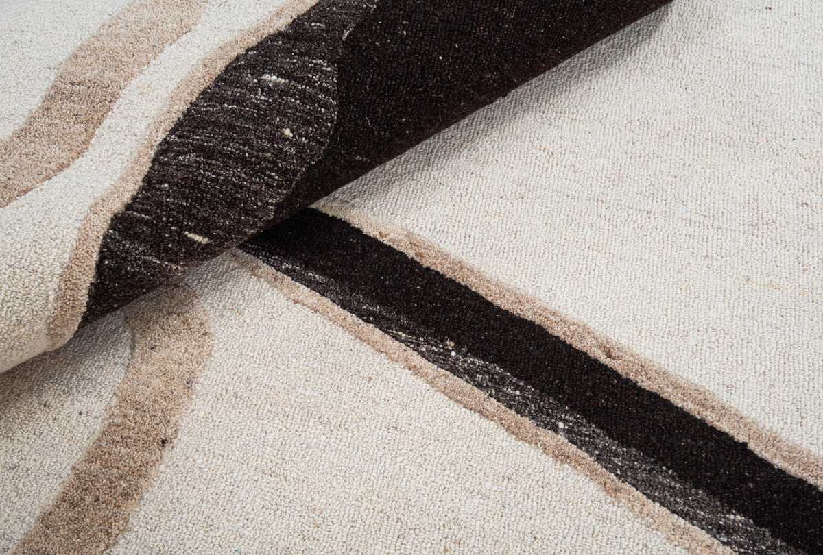 Taupe & Ivory Abstract Linear Wool & Silk Rug — Round 5