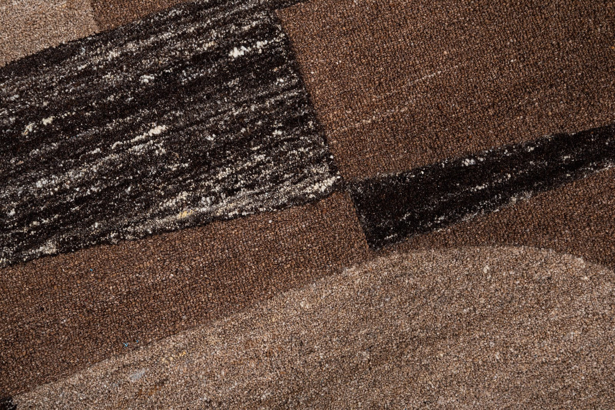 Brown, Taupe & Black Abstract Geometric Wool Rug — Round 4