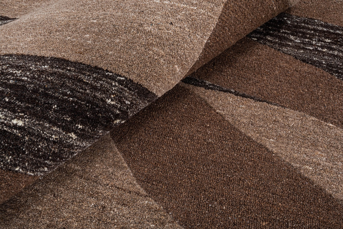 Brown, Taupe & Black Abstract Geometric Wool Rug — Round 5