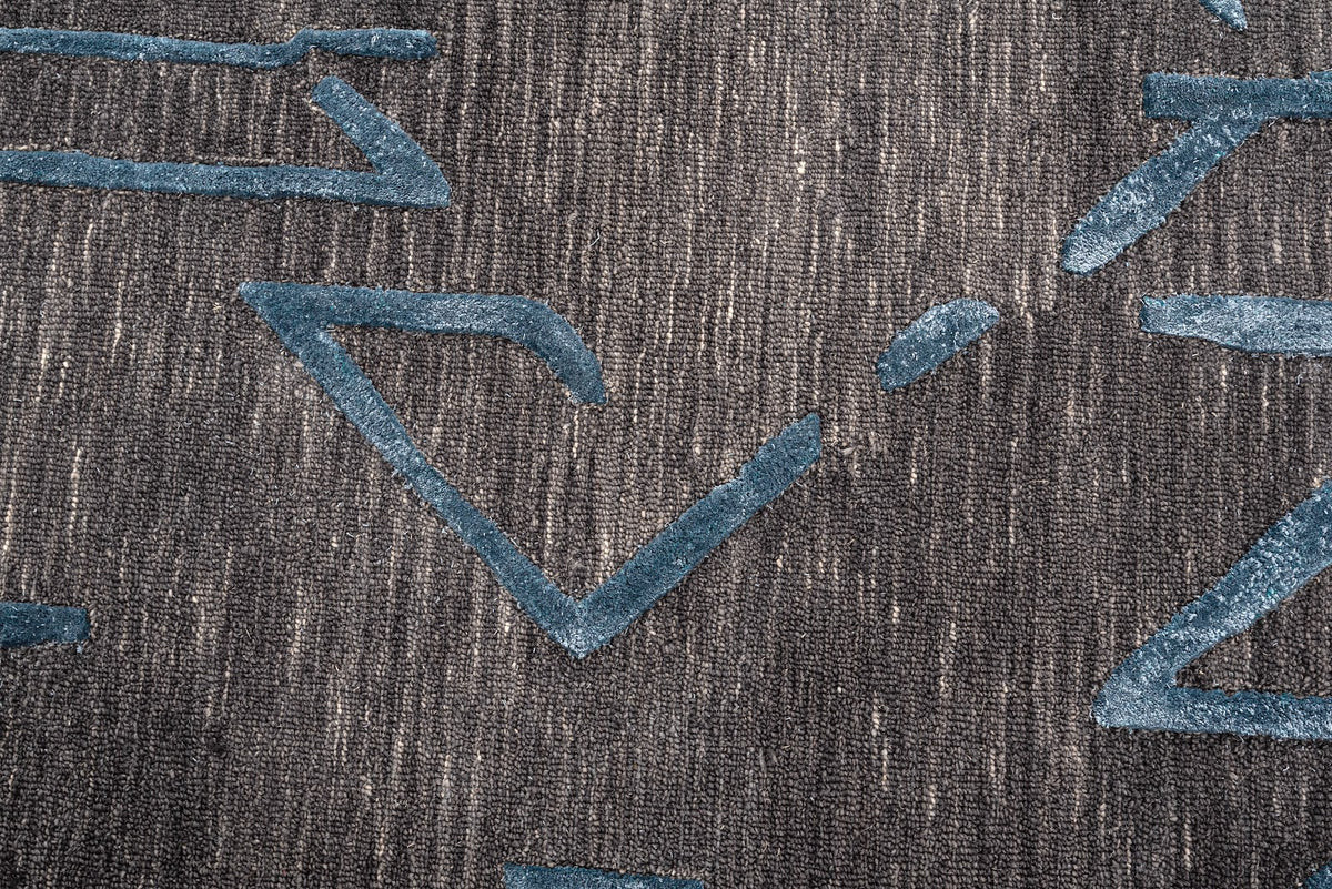 Black & Teal Abstract Geometric Wool Silk Rug — Round 4
