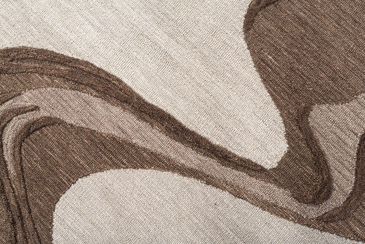 Ivory & Brown Abstract Wave Wool Rug — Shaped 3